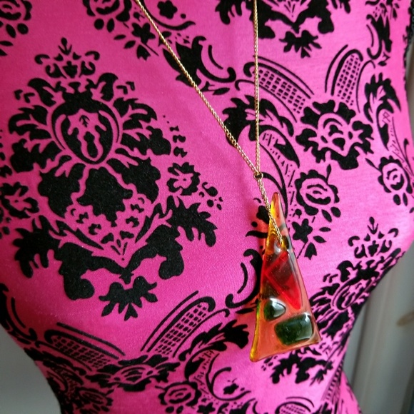 Handmade necklace fused Glass yellow red gold tone triangle funky artsy - Picture 5 of 7